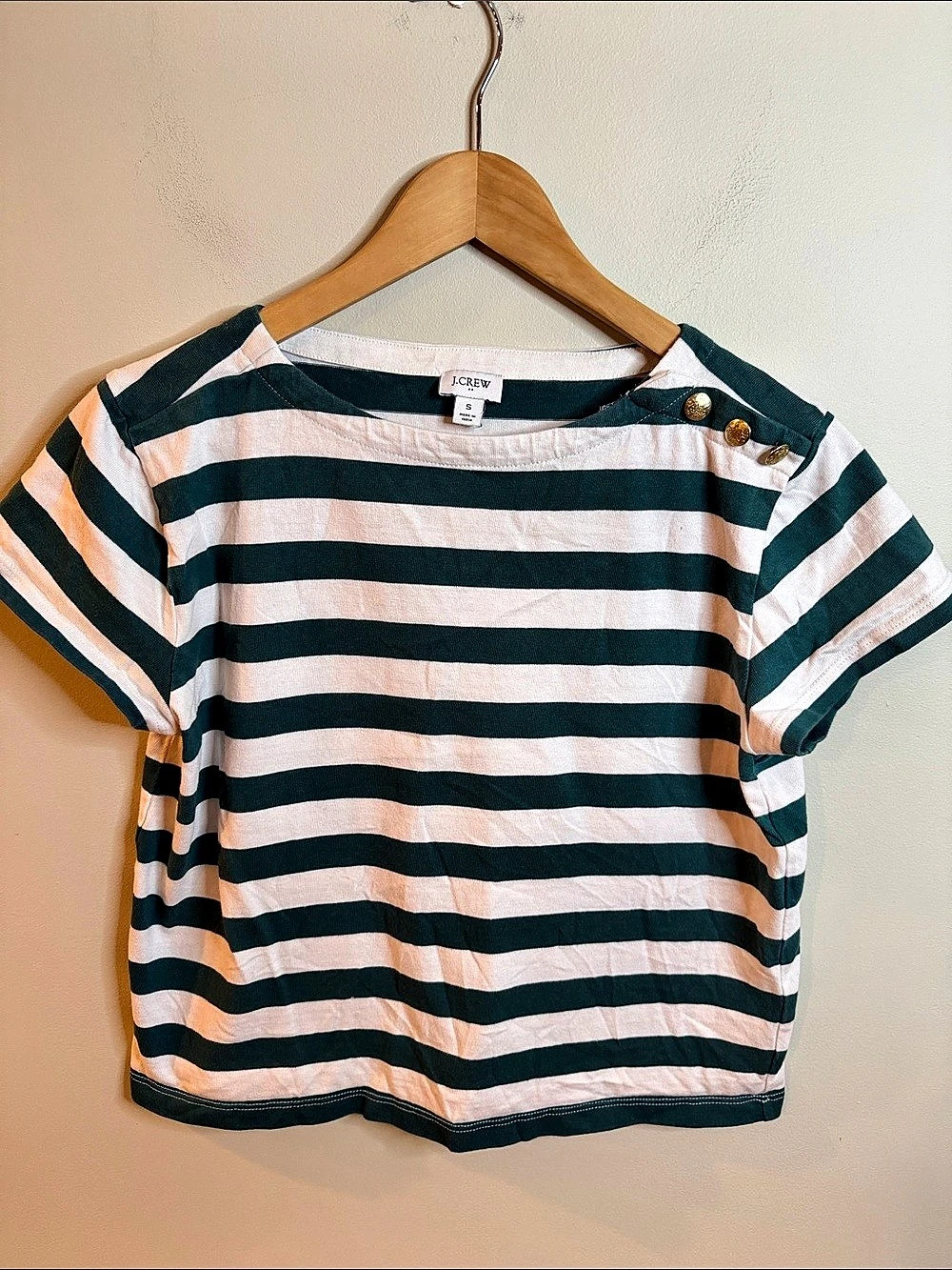 5/$25!! J.Crew Striped Cotton button-shoulder boatneck tee Green & White Small